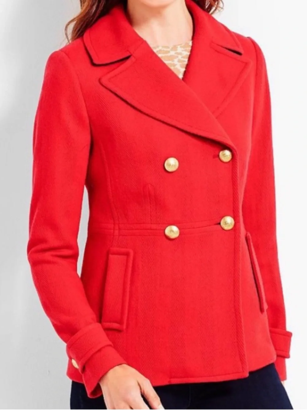 Talbots Double Breasted Pea Coat Persimmon Red 8 Petite Gold Buttons Classic